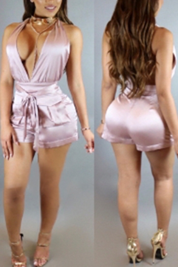 Deep V-Neck Backless Pocketed Sexy Satin Playsuit