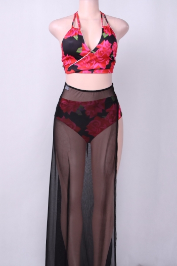 Flower Printed Bandage Top&High Waist Pants Mesh Maxi Skirt 3-Piece Set