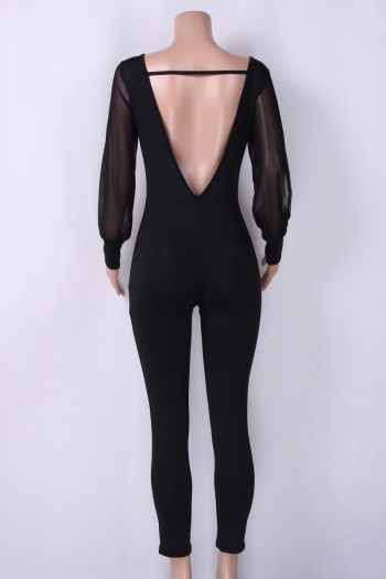 Black Mesh Long-Sleeves Backless Sexy Jumpsuit