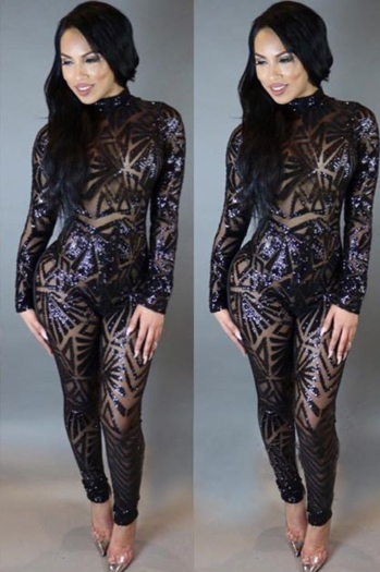 Black Sequined Backless Long-Sleeves Sexy Jumpsuit