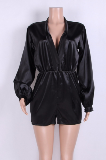 Women's Satin Deep-V Neck Long-Sleeves Sexy Belted Palysuit