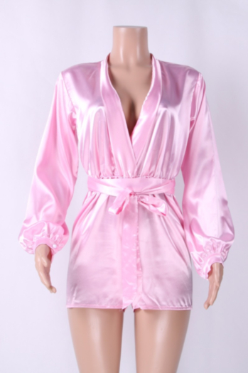 Women's Satin Deep-V Neck Long-Sleeves Sexy Belted Palysuit