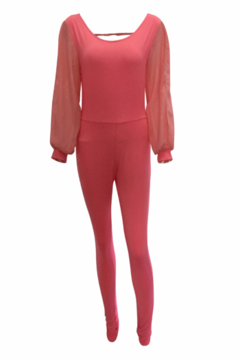 Women's Pink Long-Sleeves Backless Sexy Tight Jumpsuit