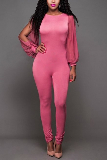 Women's Pink Long-Sleeves Backless Sexy Tight Jumpsuit