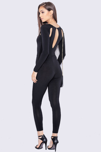 Black Solid Long-Sleeves Cut Out Sexy Jumpsuit