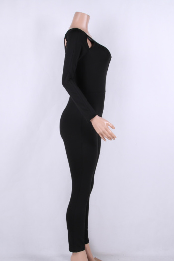 Black Solid Long-Sleeves Cut Out Sexy Jumpsuit