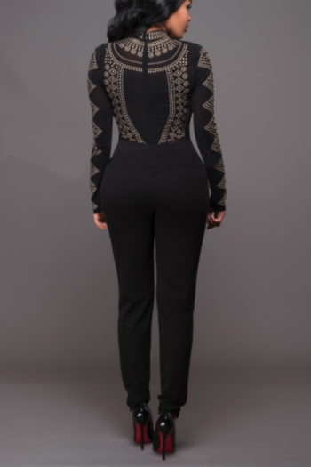 Black Mesh Long-Sleeves Riveted Sexy Plus Jumpsuit