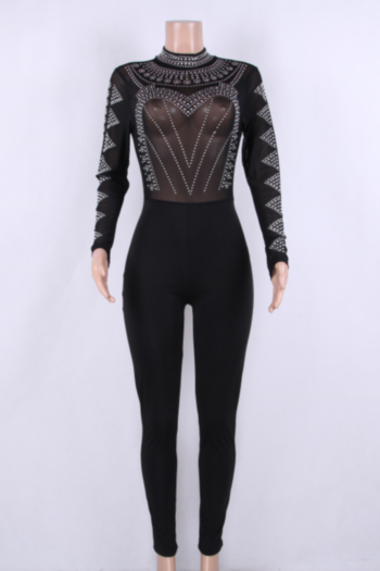 Black Mesh Long-Sleeves Riveted Sexy Plus Jumpsuit
