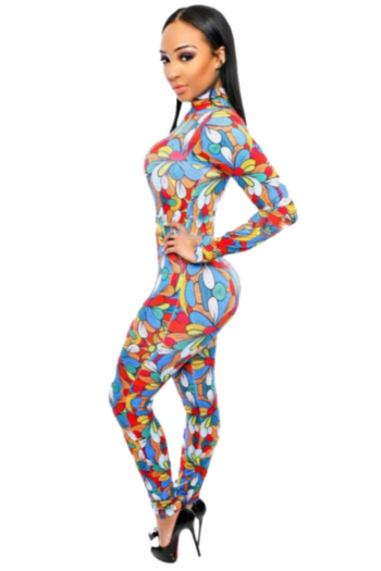 Multi-color High-Necked Tight Jumpsuit