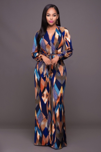 Multi-color Long-Sleeves Belted Straight Jumpsuit