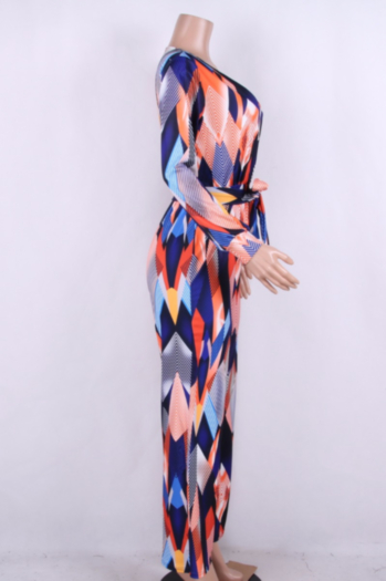 Multi-color Long-Sleeves Belted Straight Jumpsuit