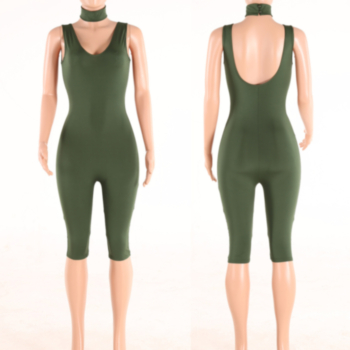 Solid Deep V-Necked Tight Basic Jumpsuit