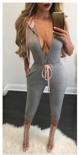 Gray&Pink Hooded Zipper Front Jumpsuit
