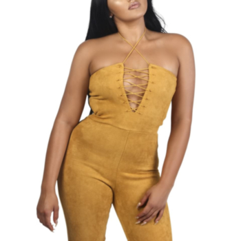 Yellow Suede Leather Bandage Neck Strapless Jumpsuit