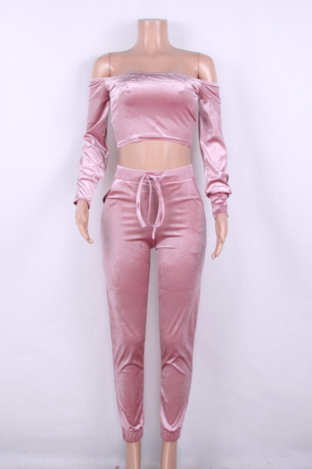 Pink Off Shoulder Long-Sleeves Velvet Jumpsuit