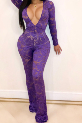 long-sleeve one-piece perspective lace sexy deep v jumpsuit women's clothing