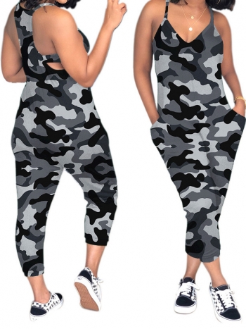 plus size youth fashion sling camouflage one piece jumpsuit