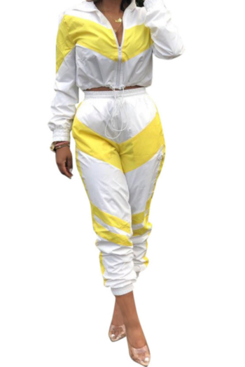 Fashion casual sports style stitching long-sleeved zipper round lapel top and trousers two-piece sets