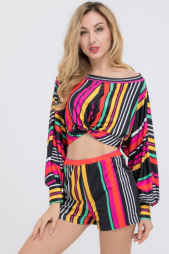 plus size stylish casual style stretch multicolor striped long sleeve one-shoulder top and shorts two-piece sets