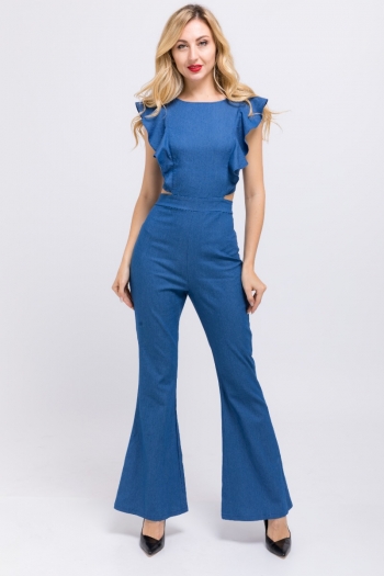 plus size fashion sexy style blue ruffled round neck sleeveless halter denim jumpsuit