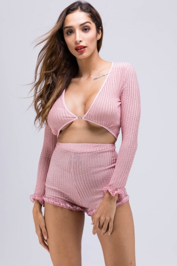 sexy fashion style stretch pink v-neck long sleeve two-piece sets