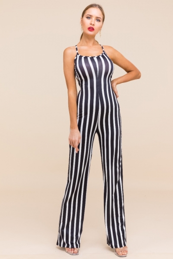 plus size fashion sexy style stretch striped halter open back wide jumpsuit