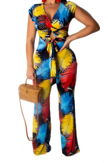 Plus size sexy stylish style 3 colors leaf print V-neck hollow wide leg stretch two-piece sets