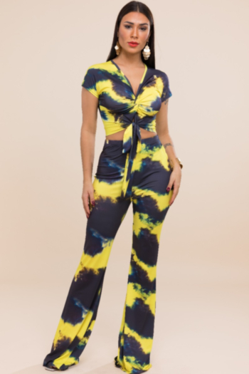 Plus size sexy stylish style 3 colors leaf print V-neck hollow wide leg stretch two-piece sets