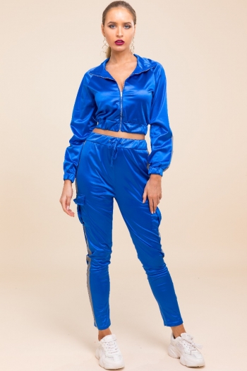 Plus size sports stylish blue long sleeve breathable stretch two-piece sets