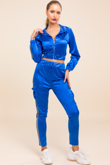 Plus size sports stylish blue long sleeve breathable stretch two-piece sets