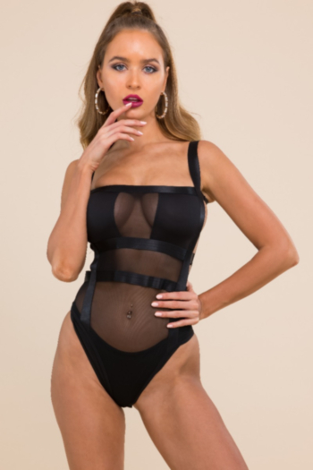Sexy hot style black high stretch see through mesh sling tube top backless bodysuit