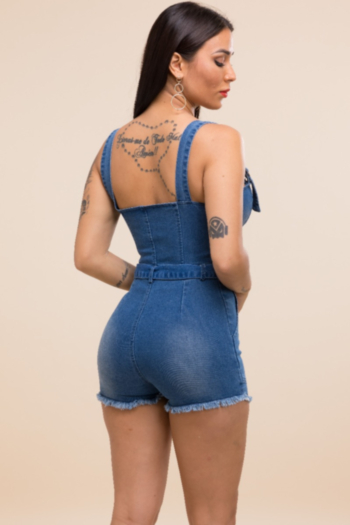 Stylish sexy style dark blue sling open back stretch denim jumpsuit
