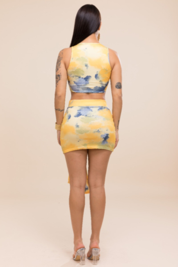 Plus size stylish sexy stretch tie-dyed round neck vest and belt short skirt two-piece sets