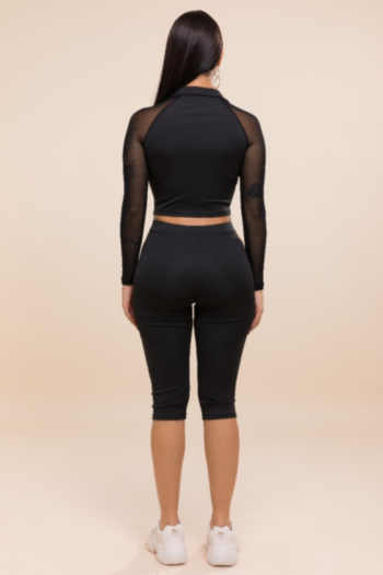 Plus size sexy fashion sports long-sleeved see through mesh stitching stretch two-piece sets