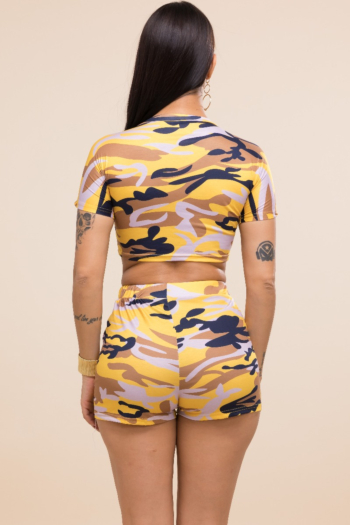 Plus size stylish sports style high stretch 2 color camouflage printed T-shirt and shorts
