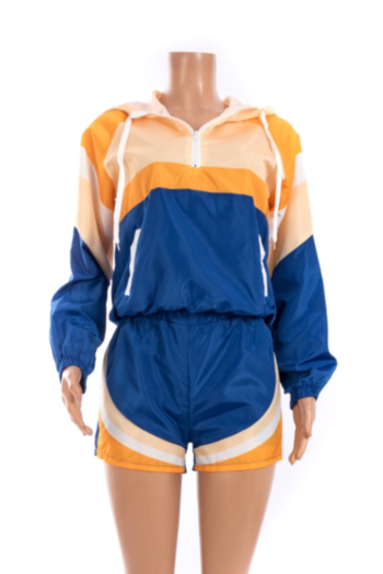 Stylish sports style 3-color contrast stitching long-sleeved hooded jacket and shorts