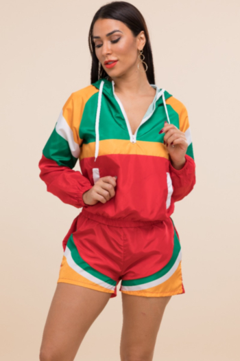 Stylish sports style 3-color contrast stitching long-sleeved hooded jacket and shorts