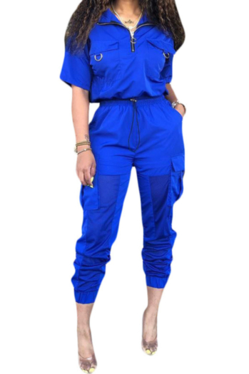Plus size stylish sports style 3 colors short-sleeved lapels see through mesh splicing jacket and trousers