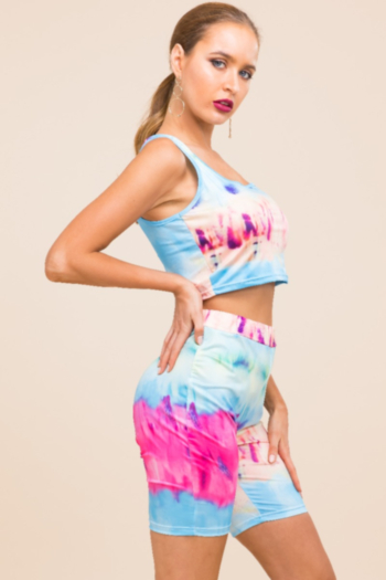 Plus size stylish youth style stretch multicolor tie-dyed vest and slim shorts