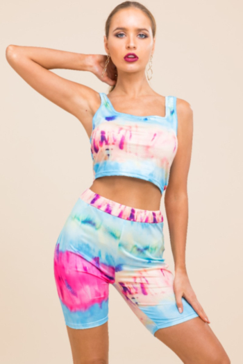Plus size stylish youth style stretch multicolor tie-dyed vest and slim shorts