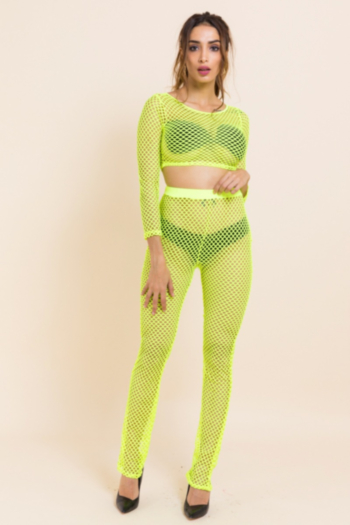 Plus size sexy hot style green see through grip long-sleeve stretch two-piece sets