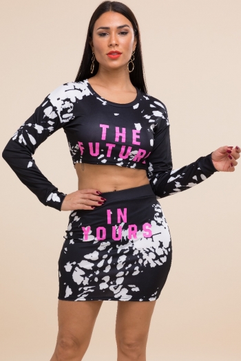 Plus size stylish sexy 2 colors tie-dyed letter printed stretch two-piece sets