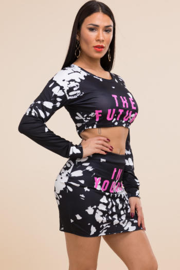 Plus size stylish sexy 2 colors tie-dyed letter printed stretch two-piece sets