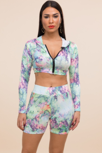 Stylish sexy snake printed hooded long-sleeve high stretch two-piece sets