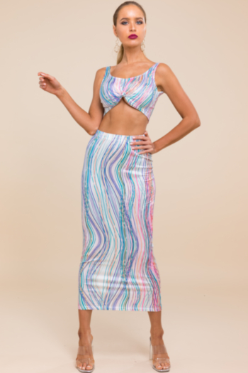 Sexy stylish stretch multicolor streaks printed vest and slim skirt 