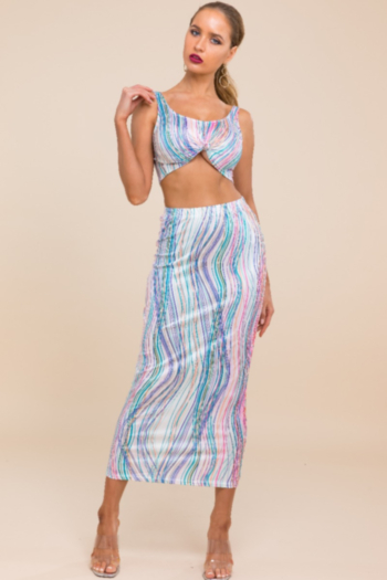 Sexy stylish stretch multicolor streaks printed vest and slim skirt 
