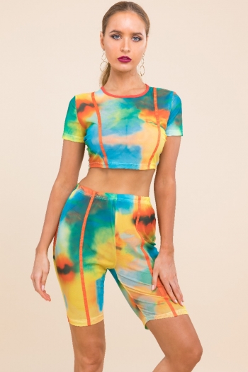 sexy stylish tie dyed printed see through mesh high stretch two-piece sets