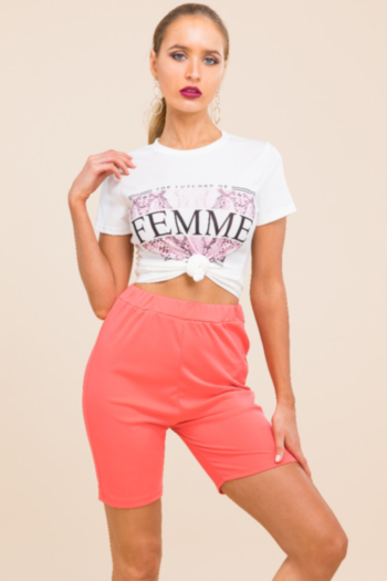 Youth stylish sport style stretch letter printed T-shirt and slim shorts