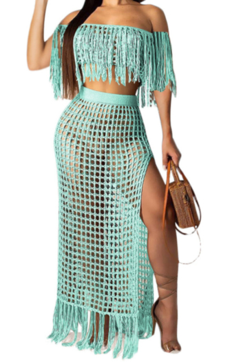 Plus size sexy fashion style 7 colors solid color see through grid tube top tassel  stretch two-piece sets (short-sleeve)