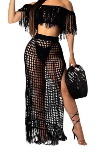 Plus size sexy fashion style 7 colors solid color see through grid tube top tassel  stretch two-piece sets (short-sleeve)